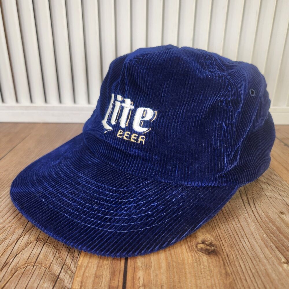 VTG Miller Lite Beer Corduroy Strapback Hat Cap Blue Designer Pro 100% Cotton